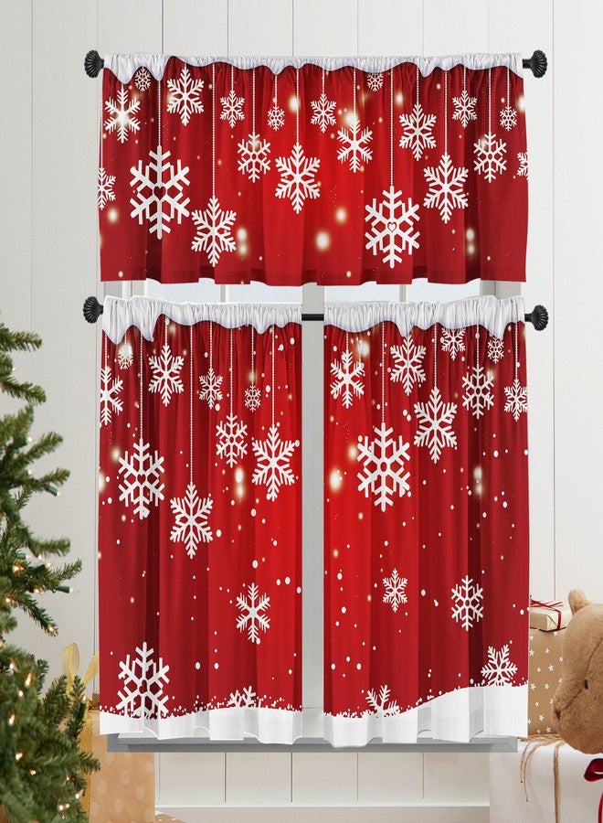 Deztibos Christmas Kitchen Curtains and Valances Set of 3 - Red Snowflake Decor, Winter Xmas Short Curtain Set for Bedroom Holiday Decor 52x18Inch，26x36 Inch - Image 1